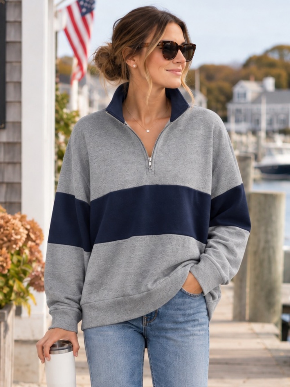 Blue Blush Gray and Navy Quarter-Zip Pullover Sweater